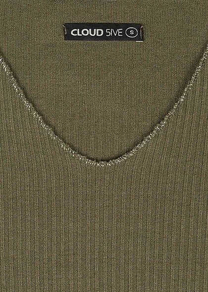 Cloud5ive Dames Shirt met lange mouwen met lurex insert en V-hals militair groen