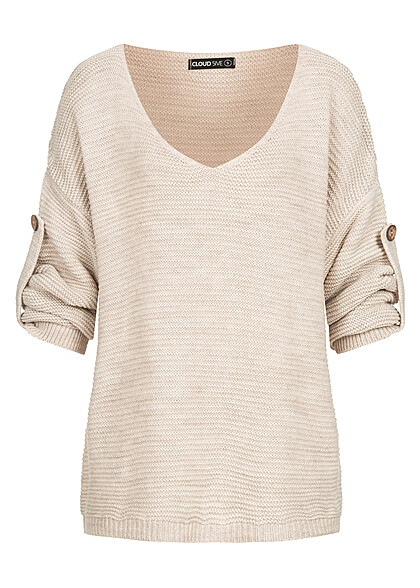 Cloud5ive Dames Oversized gebreide trui met v-hals en structuurstof beige