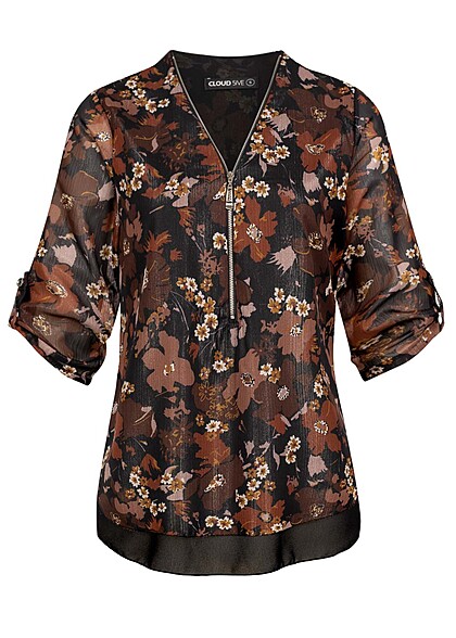 Cloud5ive Dames Chiffon Top met rits en bloemenprint zwart