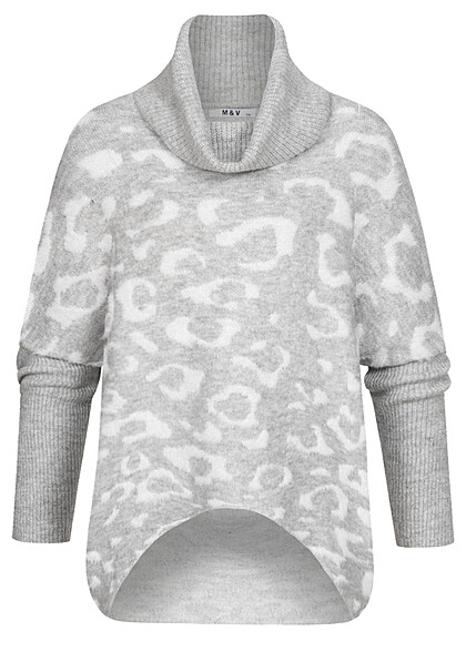 Seventyseven Lifestyle Dames Oversized Sweater met col en patroon grijs wit - Art.-Nr.: 22106525