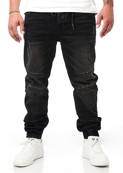 Seventyseven Lifestyle Herren Jeans Hose 4-Pockets Kordelzug Crash-Optik washed schwarz - Art.-Nr.: 22107321