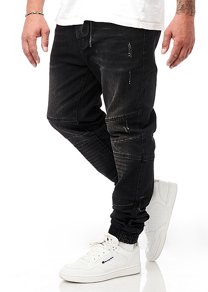 Seventyseven Lifestyle Herren Jeans Hose 4-Pockets Kordelzug Crash-Optik washed schwarz