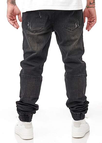 Seventyseven Lifestyle Heren Jeans Broek 4-Pockets met koord destroyed look zwart