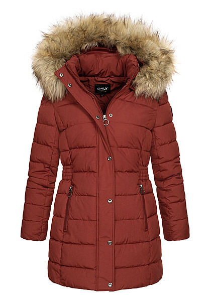 ONLY Dames Gewatteerde winterjas met afneembare capuchon van imitatiebont en 2 zakken rood