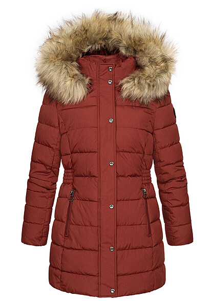 ONLY Dames Gewatteerde winterjas met afneembare capuchon van imitatiebont en 2 zakken rood