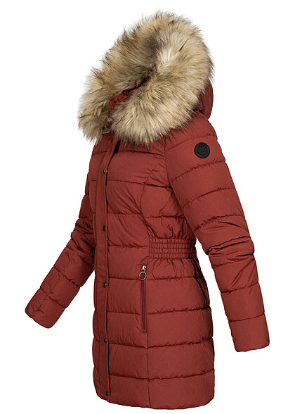 ONLY Dames Gewatteerde winterjas met afneembare capuchon van imitatiebont en 2 zakken rood