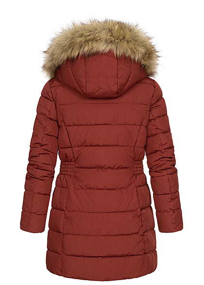 ONLY Dames Gewatteerde winterjas met afneembare capuchon van imitatiebont en 2 zakken rood