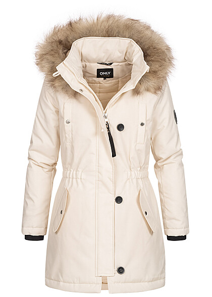 ONLY Dames Winter Parka met capuchon afneembare imitatiebont en 4 zakken wit