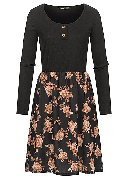 Cloud5ive Dames Lange mouwen jurk met deco knopen en bloemenprint zwart - Art.-Nr.: 22116533
