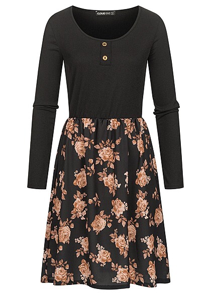 Cloud5ive Dames Lange mouwen jurk met deco knopen en bloemenprint zwart