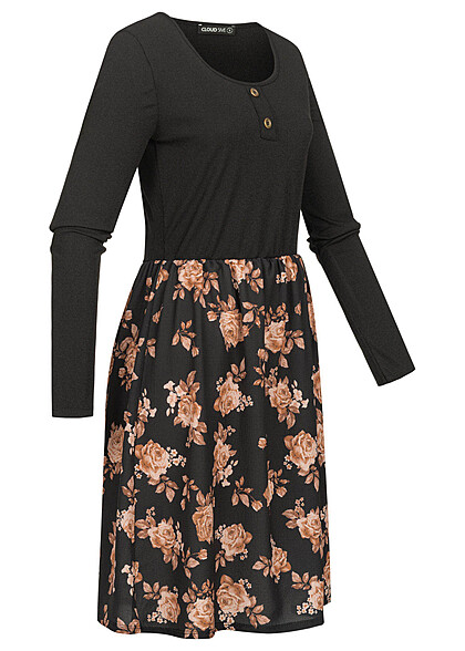 Cloud5ive Dames Lange mouwen jurk met deco knopen en bloemenprint zwart