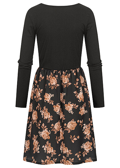 Cloud5ive Dames Lange mouwen jurk met deco knopen en bloemenprint zwart