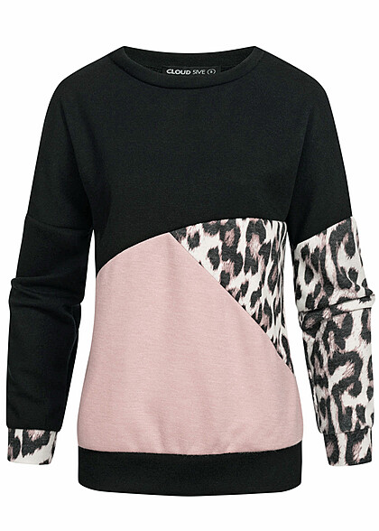 Cloud5ive Dames Colorblock Sweater met leo print zwart roze - Art.-Nr.: 22116534
