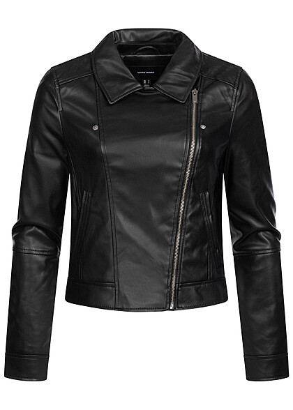 Vero Moda Dames Kunstlederen jas met asymmetrische rits en 2 zakken zwart