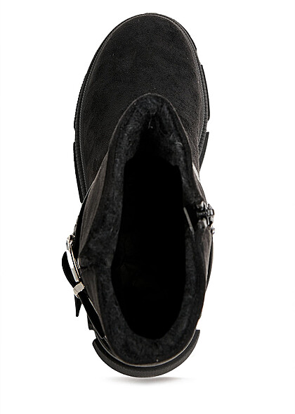 Seventyseven Lifestyle Damen Schuh Stiefel in Velour-Optik Zipper u. Schnalle schwarz