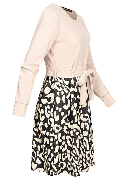 Cloud5ive Dames jurk met lange mouwen, bindceintuur en dierenprint zwart beige