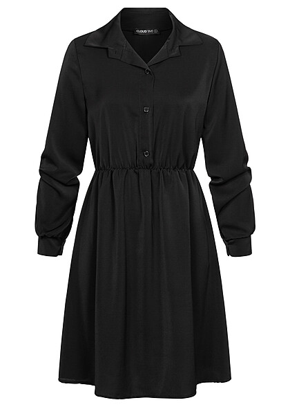 Cloud5ive Damen Langarm Uni-Kleid mit Knopfleiste schwarz