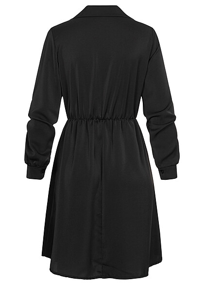 Cloud5ive Damen Langarm Uni-Kleid mit Knopfleiste schwarz
