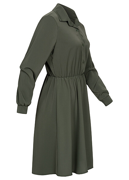Cloud5ive Damen Langarm Uni-Kleid mit Knopfleiste military grn
