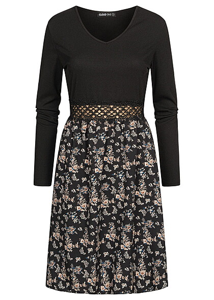 Cloud5ive Damen Langarm-Kleid mit Spitzendetails und Flower Print schwarz multicolor