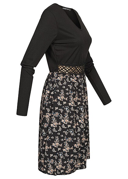 Cloud5ive Damen Langarm-Kleid mit Spitzendetails und Flower Print schwarz multicolor
