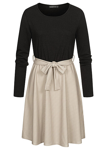 Cloud5ive Dames jurk met lange mouwen en riempje zwart beige