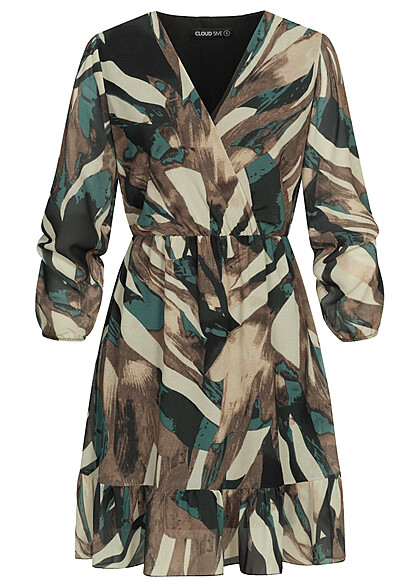 Cloud5ive Dames chiffon jurk met v-hals, wikkel-look en allover print veelkleurig