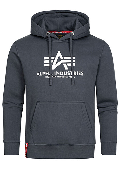 Alpha Industries Herren Basic Hoodie mit Kapuze Logo Print u. Kngurutasche navy blau