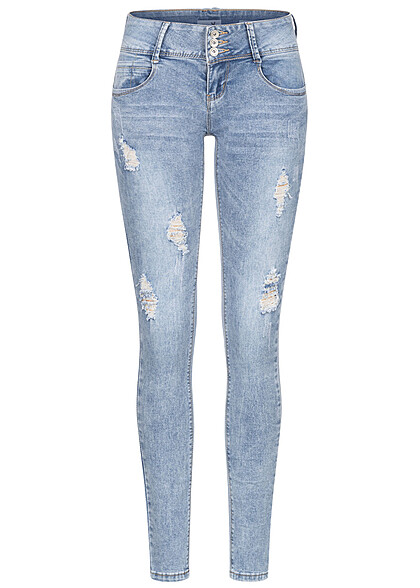Hailys Dames jeans met brede 3 knopenband en destroy look lauw - Art.-Nr.: 23010134