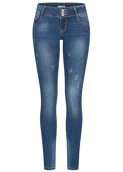 Hailys Dames jeans met brede 3 knopenband en destroy look donkerblauw - Art.-Nr.: 23010135