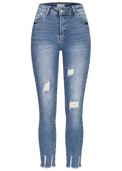 Hailys Dames jeans met destroy look en franjes 5-pockets middenblauw - Art.-Nr.: 23010143