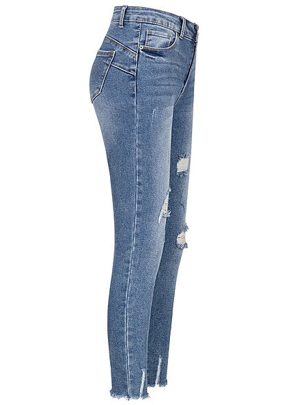 Hailys Dames jeans met destroy look en franjes 5-pockets middenblauw
