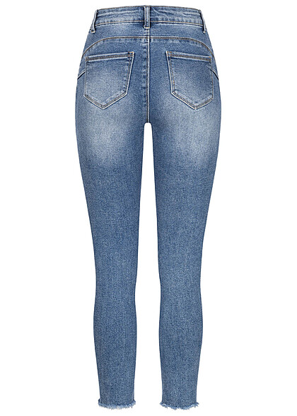 Hailys Dames jeans met destroy look en franjes 5-pockets middenblauw