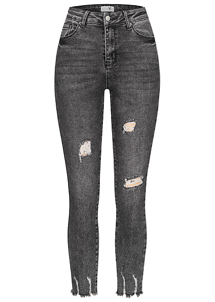 Hailys Dames jeans met destroy look en franjes 5-pockets donkergrijs - Art.-Nr.: 23010144