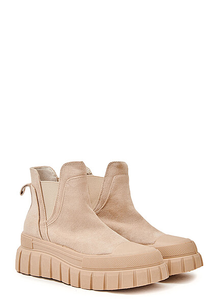 Seventyseven Lifestyle Damen Schuh Plateau Stiefel Band Velour-Look beige - Art.-Nr.: 23010171