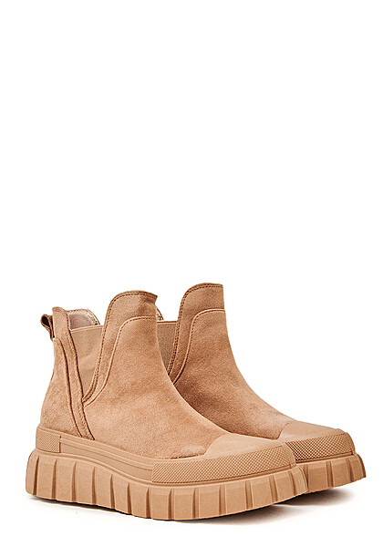 Seventyseven Lifestyle Damen Schuh Plateau Stiefel Velour-Look khaki braun - Art.-Nr.: 23010172