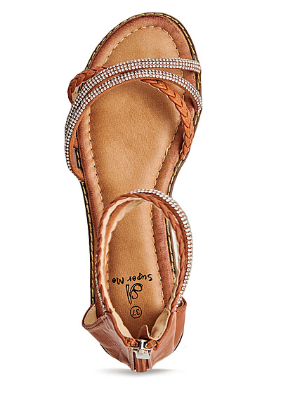 Seventyseven Lifestyle Damen Riemen-Sandale mit Strass und Zipper hinten camel braun - Art.-Nr.: 23010175