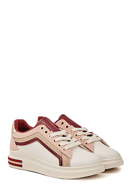 Seventyseven Lifestyle Damen Schuh Kunstleder Sneaker mit Glitzer weiss wein rot