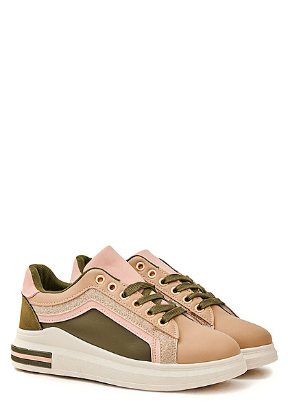 Seventyseven Lifestyle Damen Schuh Kunstleder Sneaker mit Glitzer dunkel grün weiss