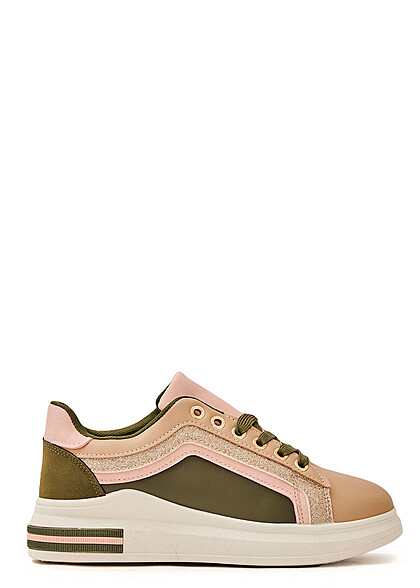 Seventyseven Lifestyle Damen Schuh Kunstleder Sneaker mit Glitzer dunkel grün weiss