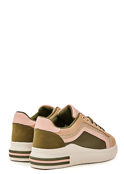 Seventyseven Lifestyle Damen Schuh Kunstleder Sneaker mit Glitzer dunkel grün weiss
