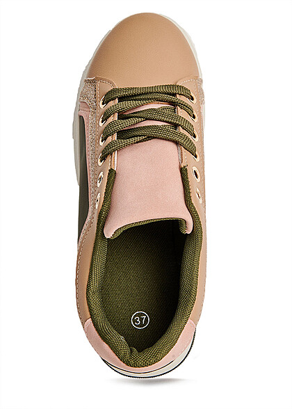 Seventyseven Lifestyle Damen Schuh Kunstleder Sneaker mit Glitzer dunkel grün weiss