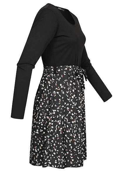 Cloud5ive Damen Langarm Kleid mit Bindegürtel Strukturstoff Animal Print schwarz