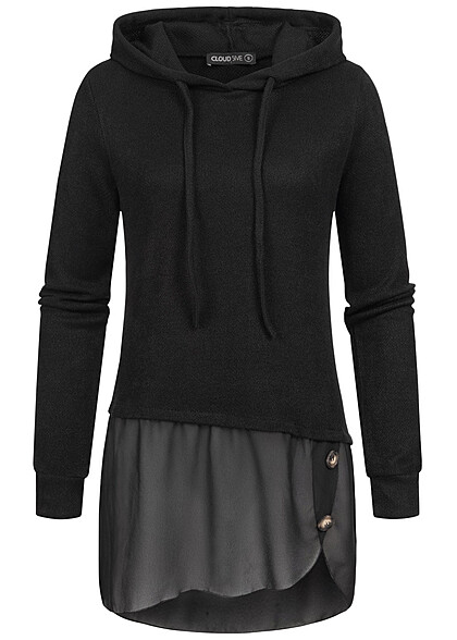 Cloud5ive Damen Chiffon Hoodie mit asym. Saum und Dekoknpfen schwarz - Art.-Nr.: 23016620