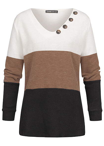 Cloud5ive Damen Colorblock Sweater Pullover Knopfleiste weiss camel braun schwarz - Art.-Nr.: 23016622