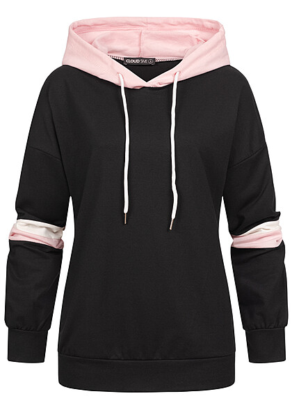 Cloud5ive Damen Hoodie mit Details in Kontrastfarben schwarz weiss rosa