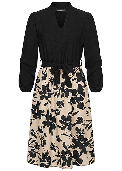 Cloud5ive Damen Langarm Kleid Bindegürtel und Laternenärmel Blumenmuster schwarz beige