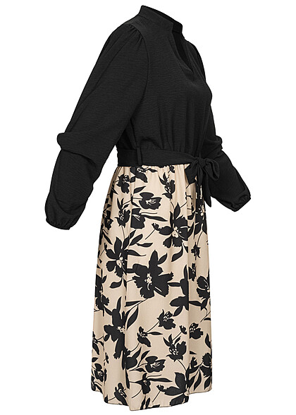 Cloud5ive Damen Langarm Kleid Bindegürtel und Laternenärmel Blumenmuster schwarz beige