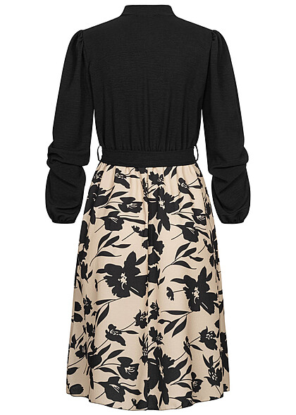 Cloud5ive Damen Langarm Kleid Bindegürtel und Laternenärmel Blumenmuster schwarz beige