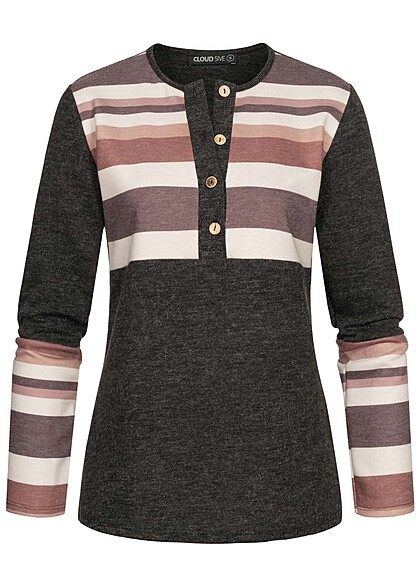 Cloud5ive Damen Pullover Sweater mit Knopfleiste und Streifenmuster d. grau multic. - Art.-Nr.: 23016639